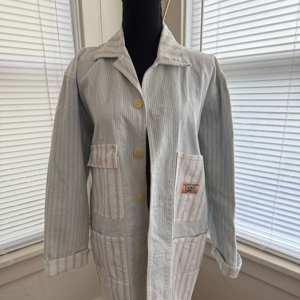 vintage chore coat utility baby blue railroad stripe 90s y2k medium jacket